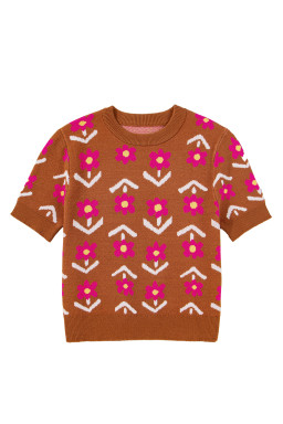 Brown Floral Pattern Short Puff Sleeve Sweater