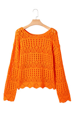 Carrot Solid Color Crochet Scallop Edge Sweater