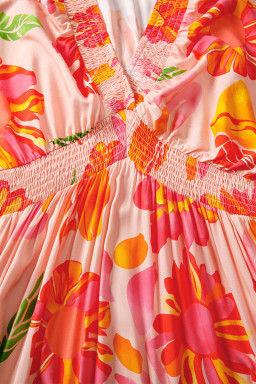 Beige Floral Print Shirred Detail Puff Sleeve Flowy Maxi Dress