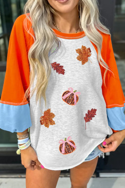 Light Grey Sequin Pumpkin Fall Elements Patched Patchwork Long Sleeve Top