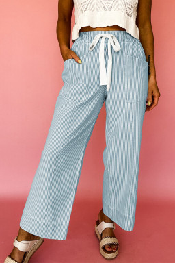 Sky Blue Striped Mid Rise Drawstring Waist Jeans