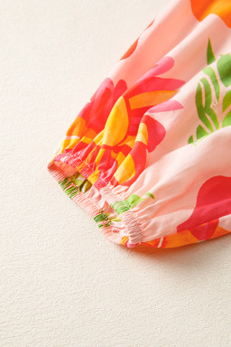 Beige Floral Print Shirred Detail Puff Sleeve Flowy Maxi Dress