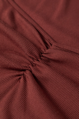 Burgundy Ruched Sweetheart Neck Ribbed Long Sleeve Top