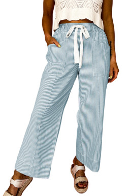 Sky Blue Striped Mid Rise Drawstring Waist Jeans