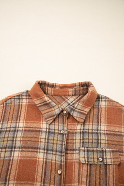 Brown Plaid Print Flap Pocket Button Plus Size Shirt