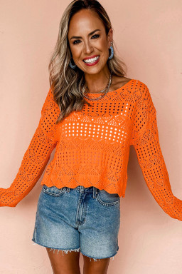 Carrot Solid Color Crochet Scallop Edge Sweater