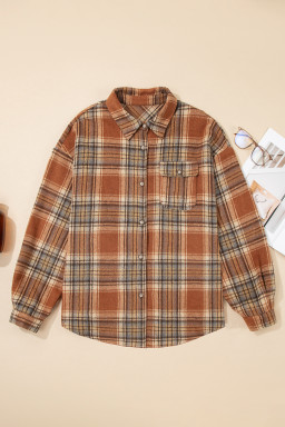 Brown Plaid Print Flap Pocket Button Plus Size Shirt