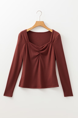 Burgundy Ruched Sweetheart Neck Ribbed Long Sleeve Top