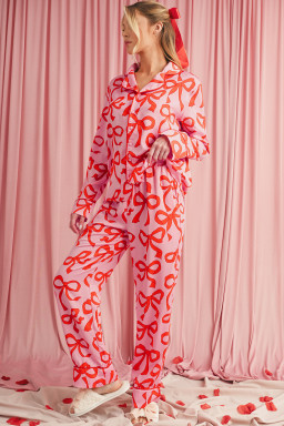 Pink Allover Bow Print Button Up and Loose Pants Pajama Set