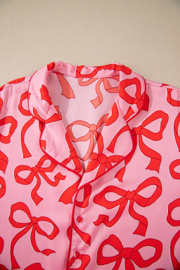 Pink Allover Bow Print Button Up and Loose Pants Pajama Set