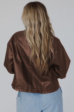 Chicory Coffee Flap Pocket Drawstring Hem Leather Jacket
