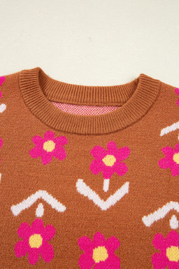 Brown Floral Pattern Short Puff Sleeve Sweater