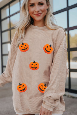 Apricot Twsted Rib Chenille Halloween Pumpkin Terry Flocking Graphic Sweatshirt