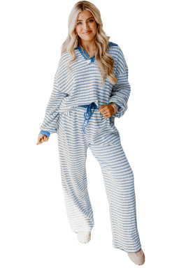 Sky Blue Stripe Textured Collared Pullover Top and Drawstring Pants Set