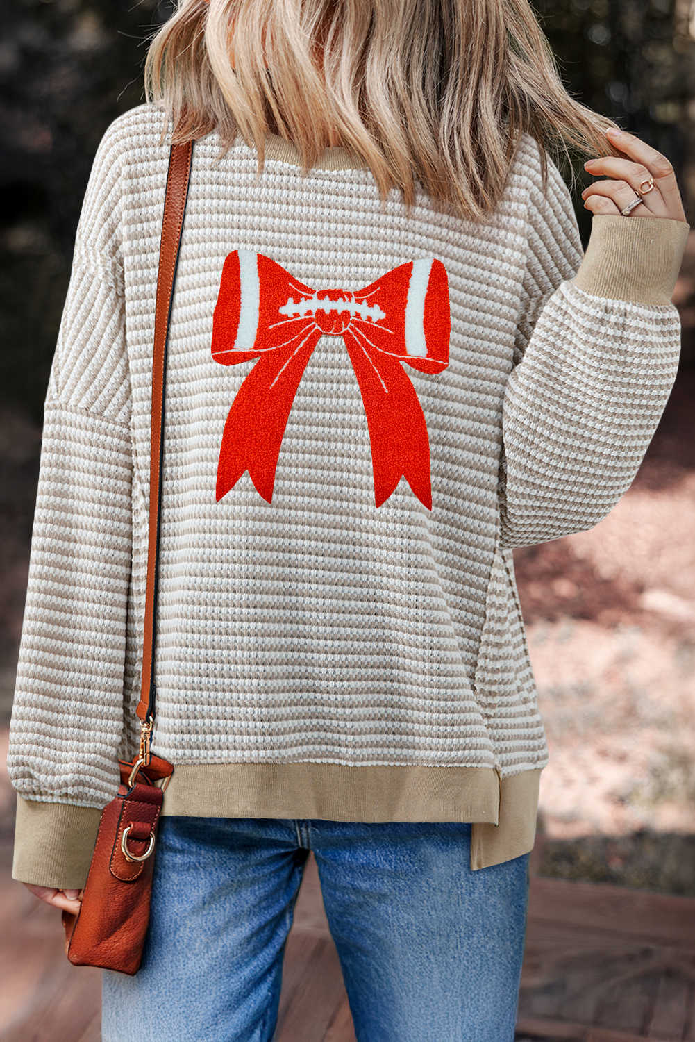 Brown Stripe Chenille Bow Terry Flocking Drop Shoulder Long Sleeve Top