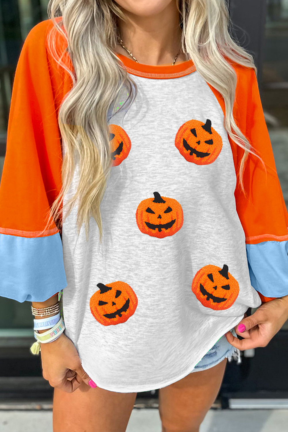 Light Grey Chenille Halloween Pumpkin Terry Flocking Long Sleeve Top