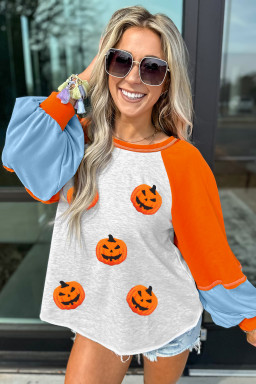 Light Grey Chenille Halloween Pumpkin Terry Flocking Long Sleeve Top