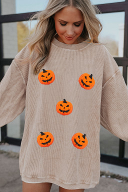 Apricot Twsted Rib Chenille Halloween Pumpkin Terry Flocking Graphic Sweatshirt
