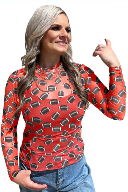 Red Game Day Football Mesh Sheer Long Sleeve Top