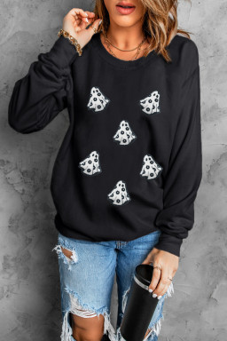 Black Playful Halloween Ghost Terry Flocking Loose Pullover Sweatshirt