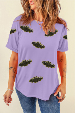 Wisteria Sequin Halloween Bat Patched Casual T Shirt