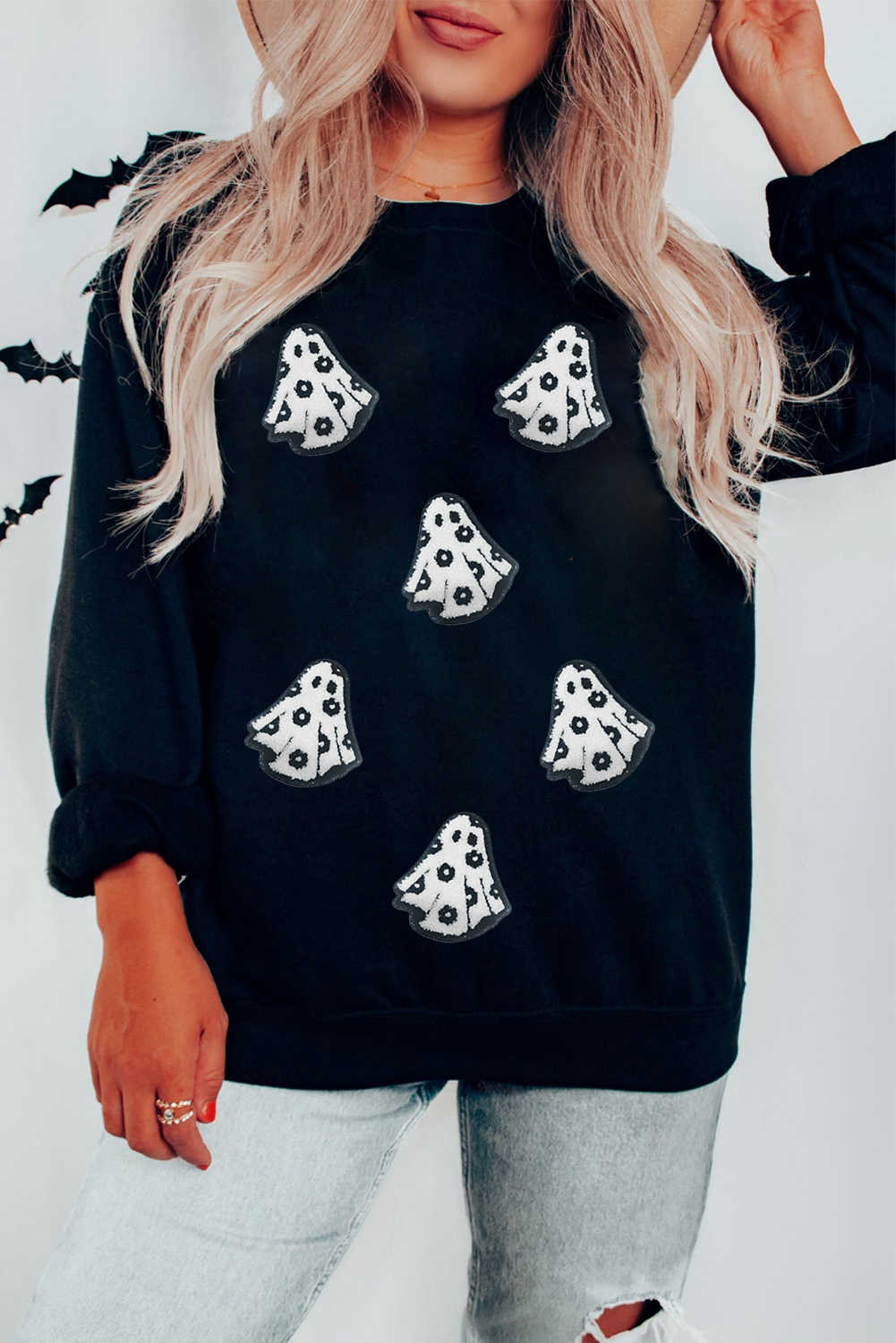 Black Playful Halloween Ghost Terry Flocking Loose Pullover Sweatshirt