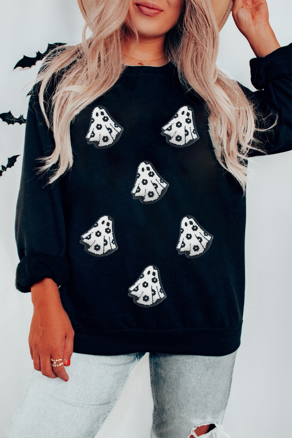 Black Playful Halloween Ghost Terry Flocking Loose Pullover Sweatshirt