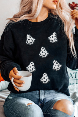 Black Playful Halloween Ghost Terry Flocking Loose Pullover Sweatshirt