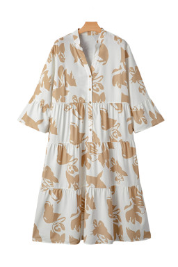 Khaki Abstract Print Ruffle Sleeve Tiered A-line Plus Size Long Dress