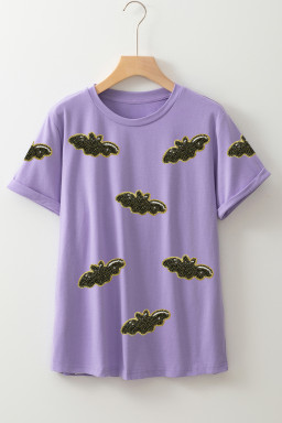 Wisteria Sequin Halloween Bat Patched Casual T Shirt