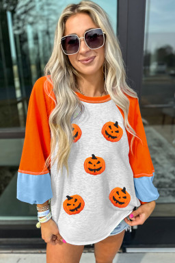 Light Grey Chenille Halloween Pumpkin Terry Flocking Long Sleeve Top
