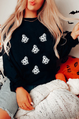 Black Playful Halloween Ghost Terry Flocking Loose Pullover Sweatshirt