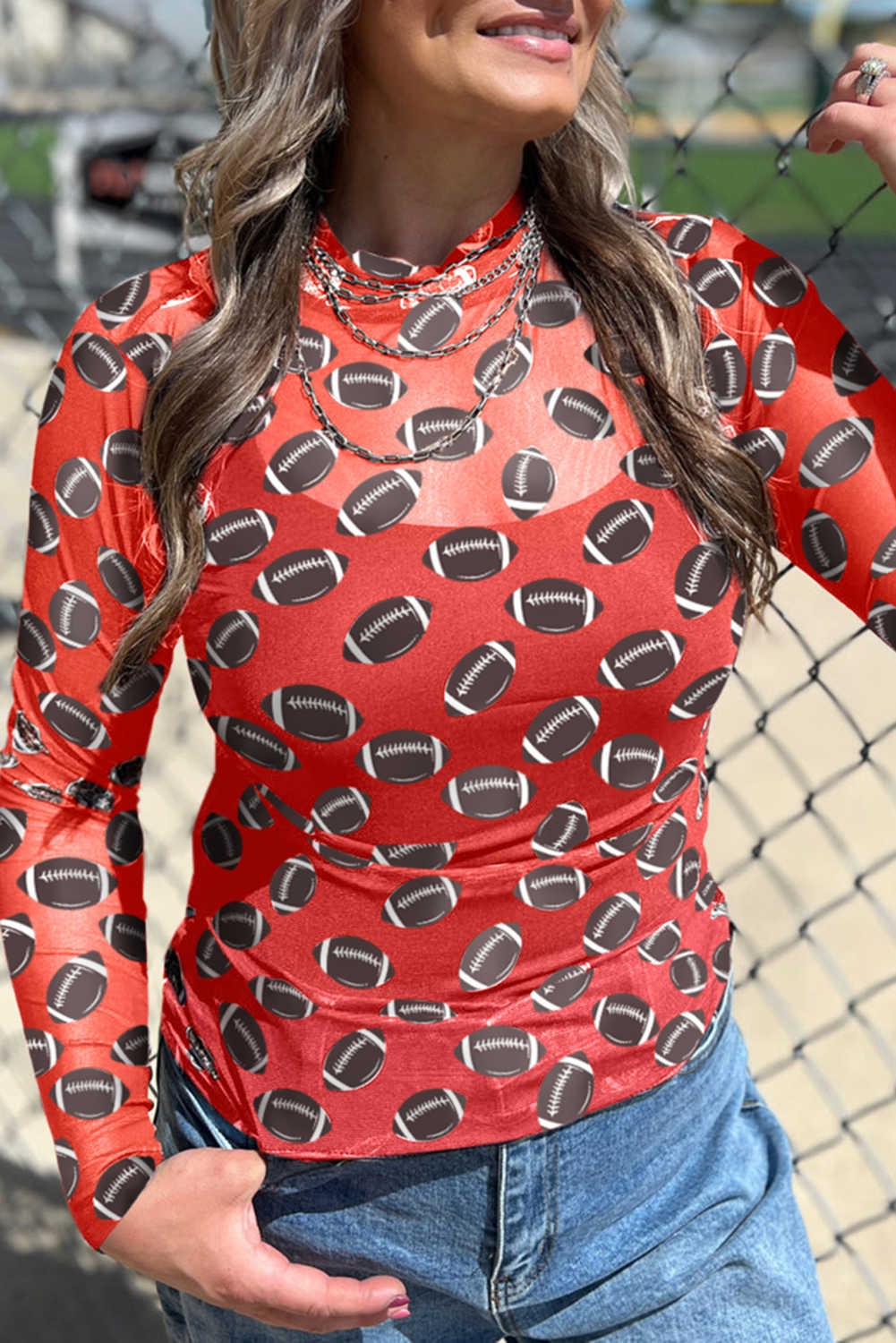Red Game Day Football Mesh Sheer Long Sleeve Top