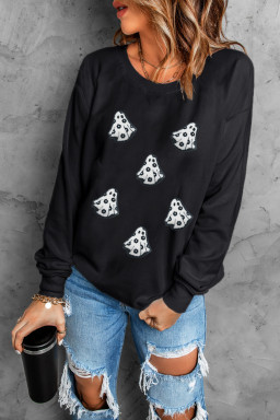 Black Playful Halloween Ghost Terry Flocking Loose Pullover Sweatshirt