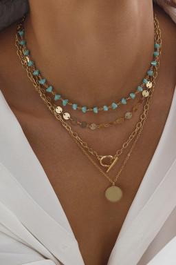 Gold Boho Circle Pendant Multi-Layered Necklace Set