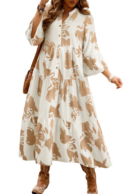 Khaki Abstract Print Ruffle Sleeve Tiered A-line Plus Size Long Dress
