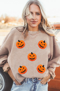 Apricot Twsted Rib Chenille Halloween Pumpkin Terry Flocking Graphic Sweatshirt