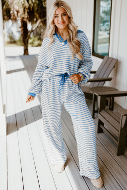 Sky Blue Stripe Textured Collared Pullover Top and Drawstring Pants Set