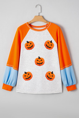 Light Grey Chenille Halloween Pumpkin Terry Flocking Long Sleeve Top