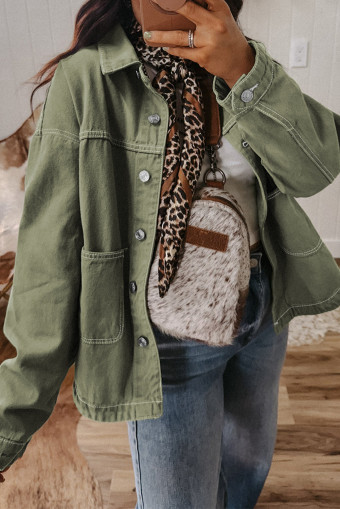 Smoke Green Pocket Collared Button Front Denim Jacket