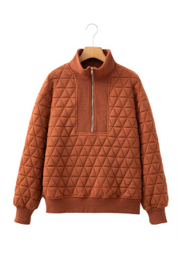 Straw Yellow Textured Zipper Neck Long Sleeve Pullover Sweatshirt