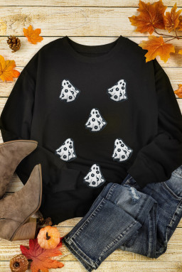 Black Playful Halloween Ghost Terry Flocking Loose Pullover Sweatshirt