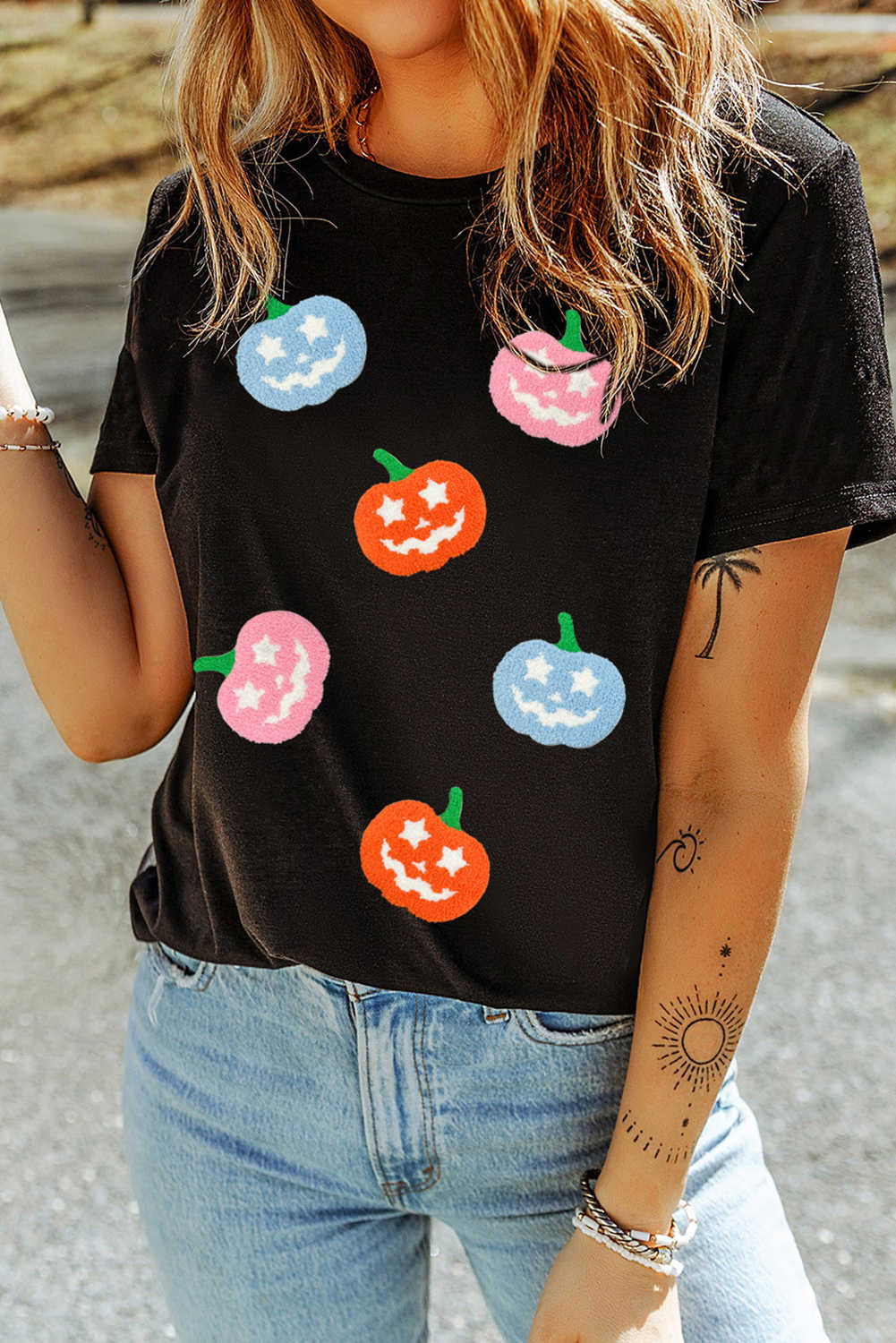 Black Chenille Pumpkin Patch Application Playful Halloween T Shirt
