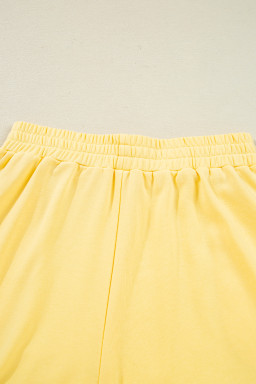 Yellow Colorblock Patchwork Half Button Pullover and Shorts Outfit