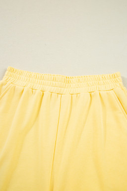 Yellow Colorblock Patchwork Half Button Pullover and Shorts Outfit