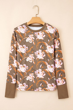 Brown Floral Print Waffle Textured Long Sleeve Top