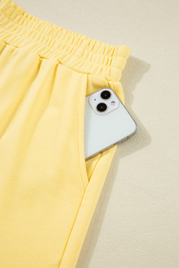 Yellow Colorblock Patchwork Half Button Pullover and Shorts Outfit