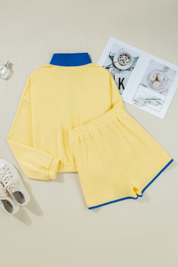 Yellow Colorblock Patchwork Half Button Pullover and Shorts Outfit