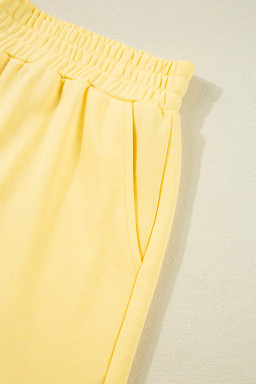 Yellow Colorblock Patchwork Half Button Pullover and Shorts Outfit