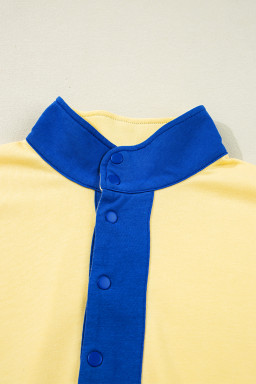 Yellow Colorblock Patchwork Half Button Pullover and Shorts Outfit